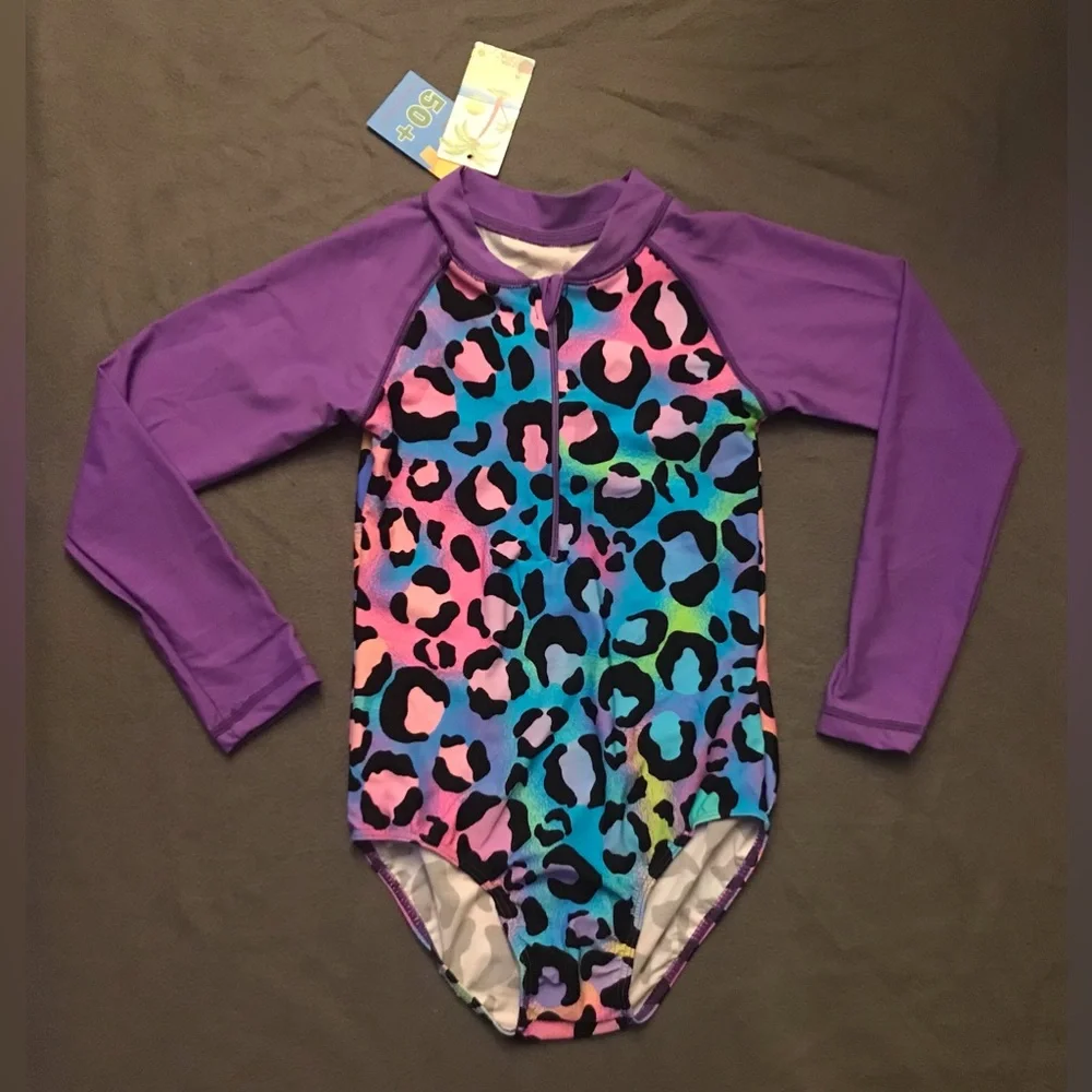 NWT Kids Leopard Print Rashguard Style Swimsuit